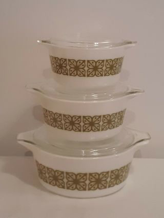 3 Vintage Pyrex Verde Green Square Flower Casserole Dishes Dish W/lids Vgc