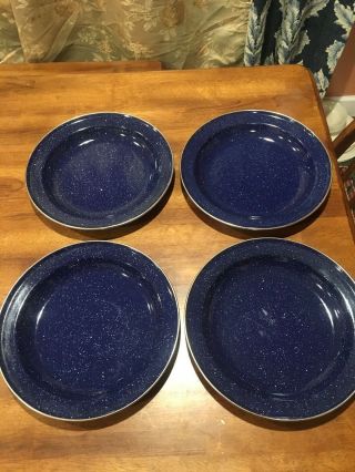 Set Of 4 Vintage Speckled Blue Enamel 10”dinner Plates Stainless Steel Rim Ec