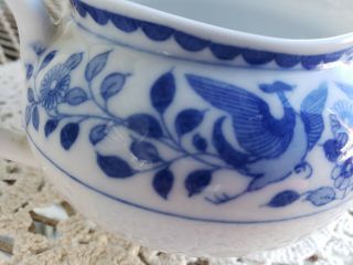 Vintage Nippon Sometuke Blue White Bird Phoenix Flowers Sugar Bowl Creamer 3