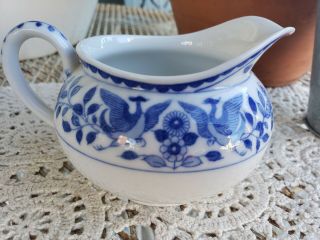 Vintage Nippon Sometuke Blue White Bird Phoenix Flowers Sugar Bowl Creamer 4