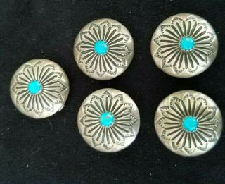 Set Of 5 Vintage Navajo Sterling Silver Turquoise Etched Button Covers 20.  7 Gram