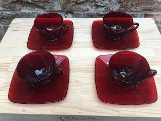 4 Vintage Anchor Hocking Ruby Red Depression Glass Tea Cups And Charm Saucers