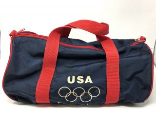 Vintage 1980s Usa Olympics Rings Duffel Gym Travel Bag W/ Strap Navy Red 16”x9”