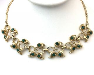 Vintage Necklace Green Rhinestone Gold Tone Metal Leaf Costume Jewelry Choker