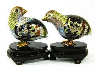 Vintage Cloisonne Enamel Bird Quail Partridge Figurines With Wood Stand