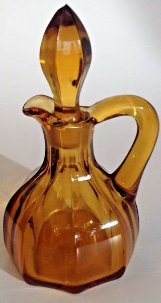 Cruet With Stopper Amber Glass Octagon Shape Vintage