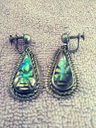 Vintage Mexico Sterling Silver Abalone Shell Dangle Screw Back Earrings
