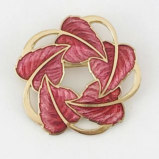 Vintage Gold Tone Enamel Red Chasing Leaf Floral Pin Brooch By Fish