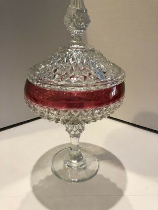 Vintage Pedestal Candy Dish With Cover Red Trim Diamond Point