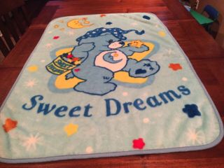 Vtg Care Bears Bedtime Blue Baby Blanket Thick Plush Crib Throw Sweet Dreams