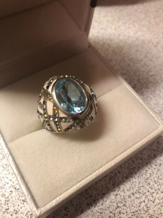 Vintage Large Blue And Multi Color Crystal 925 Sterling Silver Ring Size 9