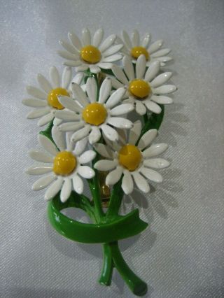 Vintage Enamel Daisy Bouquet Of Flowers Brooch Pin