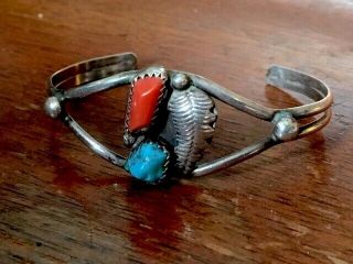 Vintage Navajo 925 Sterling Silver Turquoise Coral Petite4 " Cuff Bracelet 6.  9g