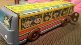Vintage Bus School Tin Toy Plastic Wind Up Tourist Metal And Rubber Tires Ussr