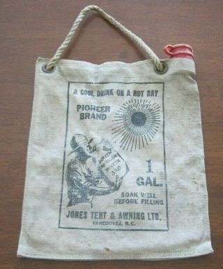 Vintage Canvas One Gallon Water Bag With Cap Pioneer Brand Jones Tent & Awning