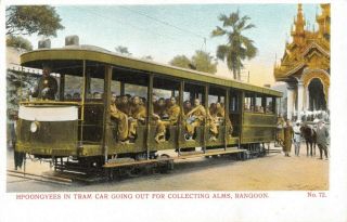 Rangoon Hpoongyees In Tram Car Outing Collecting Alms Vintage Postcard D A Abuja