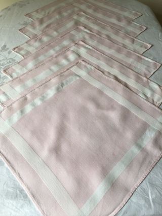Vintage Linen Set Of Six Large Pink Napkins With White Textured Edging.  40cm Sq.