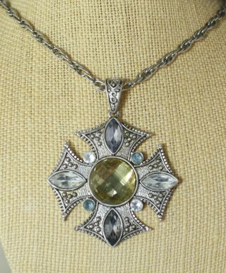 Vintage Large Maltese Cross Pendant Silver Tone Chain Necklace 23 " - Rhinestone