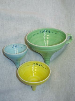 Vintage Style Ceramic Set Of 3 Funnels Sieve Green Blue Yellow Farmhouse Style