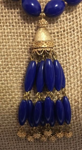 Vintage Trifari Signed Designer Blue Golstone Beaded Tassel Necklace