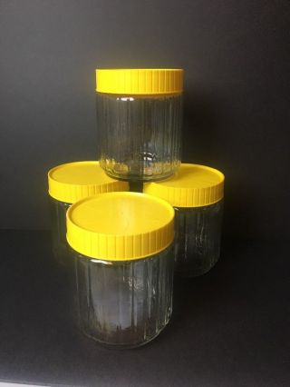4 Vtg Maxwell House Coffee Glass Storage Jars Yellow Daisy Top Anchor Hocking