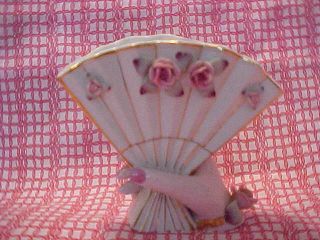 Lefton Vintage Hand Vase W/fan.  Pink Roses White Fan.  Pink Nails Minty