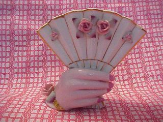 Lefton Vintage Hand Vase w/Fan.  Pink roses white Fan.  Pink nails Minty 2