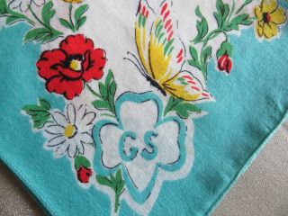 Vintage Girls Scouts Of America Hanky Handkerchief Aqua Floral Trefoil