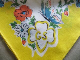 Vintage Girls Scouts Of America Hanky Handkerchief Yellow Floral Trefoil