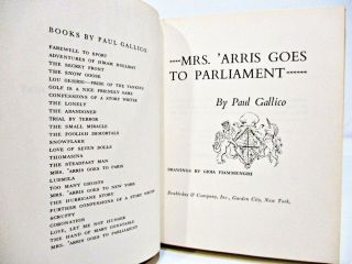 MRS.  ' ARRIS GOES TO PARLIAMENT by PAUL GALLICO HCDJ 1ST EDITION / 1ST PRINTING 4