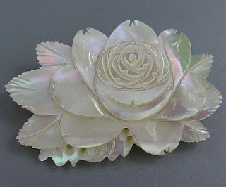 High End Vintage Jewelry Carved Mother Of Pearl Flower Brooch Pin Rhinestone Lom