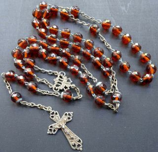 Vintage Art Deco Amber Glass Bead Fancy Rosary Crucifix Cross Necklace - N124