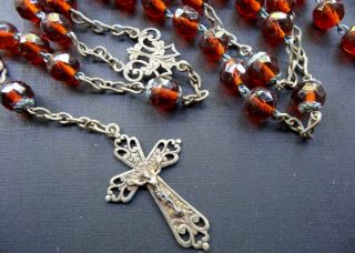 vintage art deco amber glass bead fancy rosary crucifix cross necklace - N124 2