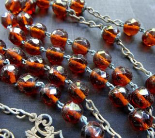 vintage art deco amber glass bead fancy rosary crucifix cross necklace - N124 3