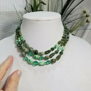 Vintage Green Glass Bead Multi Strand Choker Necklace