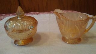 Vintage Jeannette Marigold Iris And Herringbone Creamer And Covered Sugar Bowl