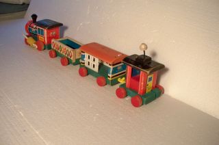 Vintage 1963 Fisher Price 999 Huffy Puffy 4 Pc Wooden Pull Toy Train Set USA 3