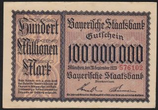 1923 100 Million Mark German State Bavaria Munich Vintage Emergency Banknote Xf
