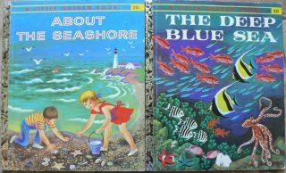 2 Vintage Little Golden Books About The Seashore,  The Deep Blue Sea " A " 1st