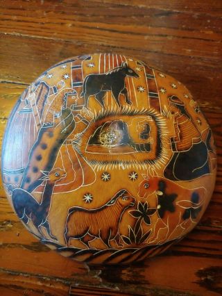 Gourd Peruvian Hand Carved Etched Bowl Folk Art Nativity Scene Jesus Vintage