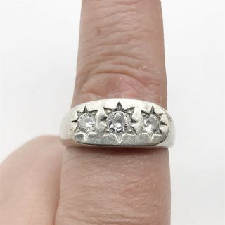 Vintage Solid Silver Chunky Bright Star 3 Stone C Z Ring Size X