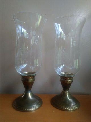 Vintage Hurricane Brass Candle Holder - Pair 18 " - Etched Glass Shades