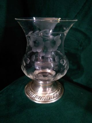 Vintage Engraved Glass Toothpick Holder W Sterling Silver Base 3.  5 " Tall