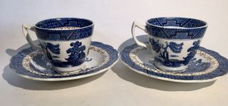 2 Vintage Tea Cups W/ Saucers - Booths A8025 - Real Old Willow - White Blue