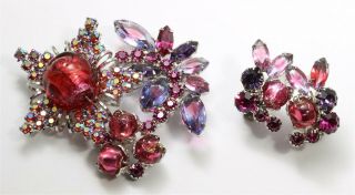 Vintage Continental Fuchsia Art Glass Rhinestone Flowers Brooch Pin Earrings Set