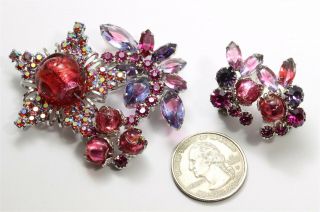 Vintage CONTINENTAL Fuchsia Art Glass Rhinestone Flowers Brooch Pin Earrings Set 2