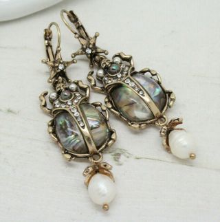 Vintage Art Deco Style Real Pearl Star Beetle Drop Earrings Jewellery
