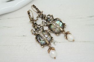 Vintage Art Deco Style REAL PEARL Star BEETLE Drop EARRINGS Jewellery 4
