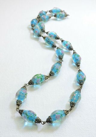 Vintage Blue With Pink Roses Lampwork Art Glass Bead Necklace Au1989