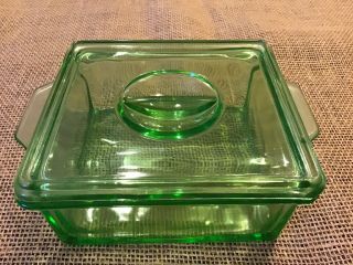 Vintage Hazel Atlas Green Refrigerator Dish W Lid Vaseline Glass 4.  5” X 4” X 2 "